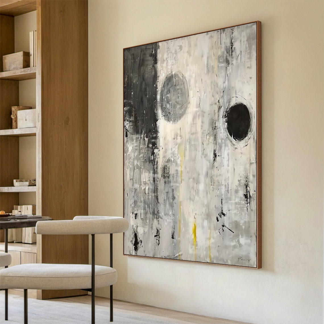 Black White Grey Abstract Circles Textured Minimalist Art Poster - Image 3