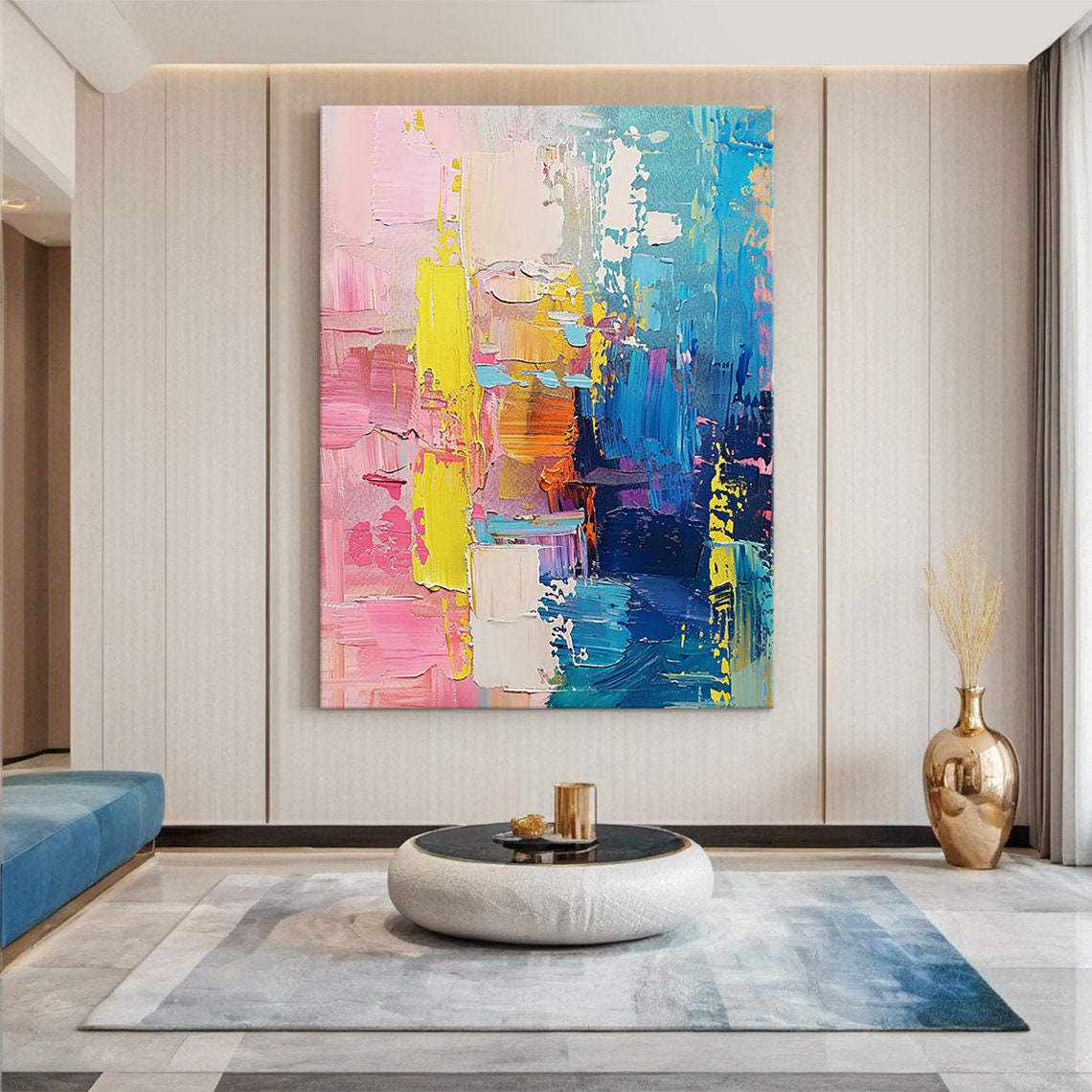 Pink Blue Yellow Bold Impasto Abstract Colorful Modern Art Poster - Image 3