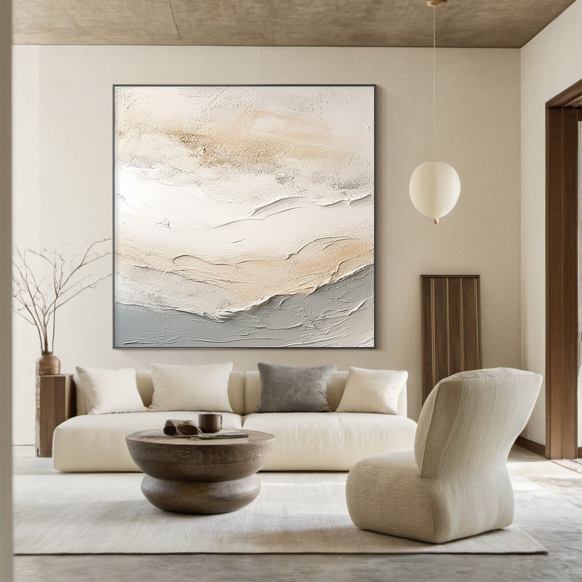 White Beige Grey Textured Impasto Abstract Ocean Wave Layers Wall Art - Image 5