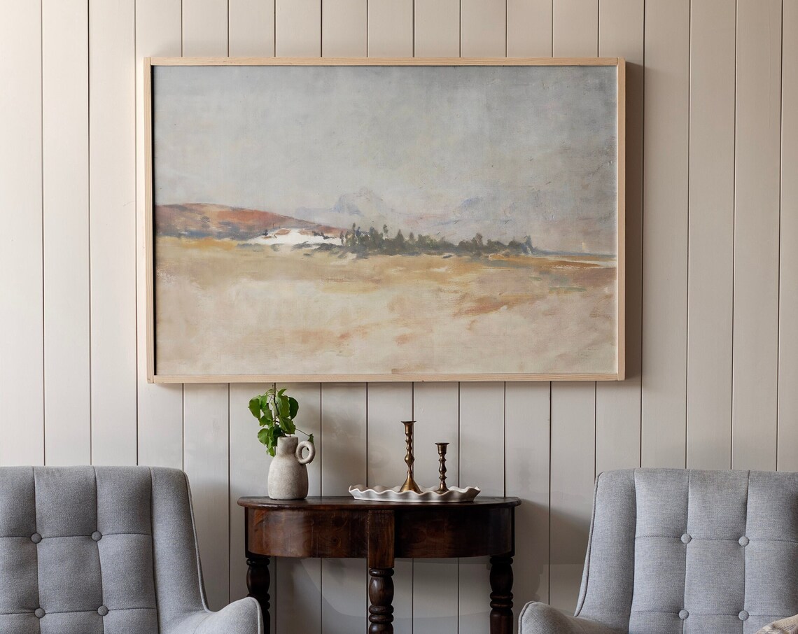 Neutral Vintage Landscape Scene, Living Room Art Print
