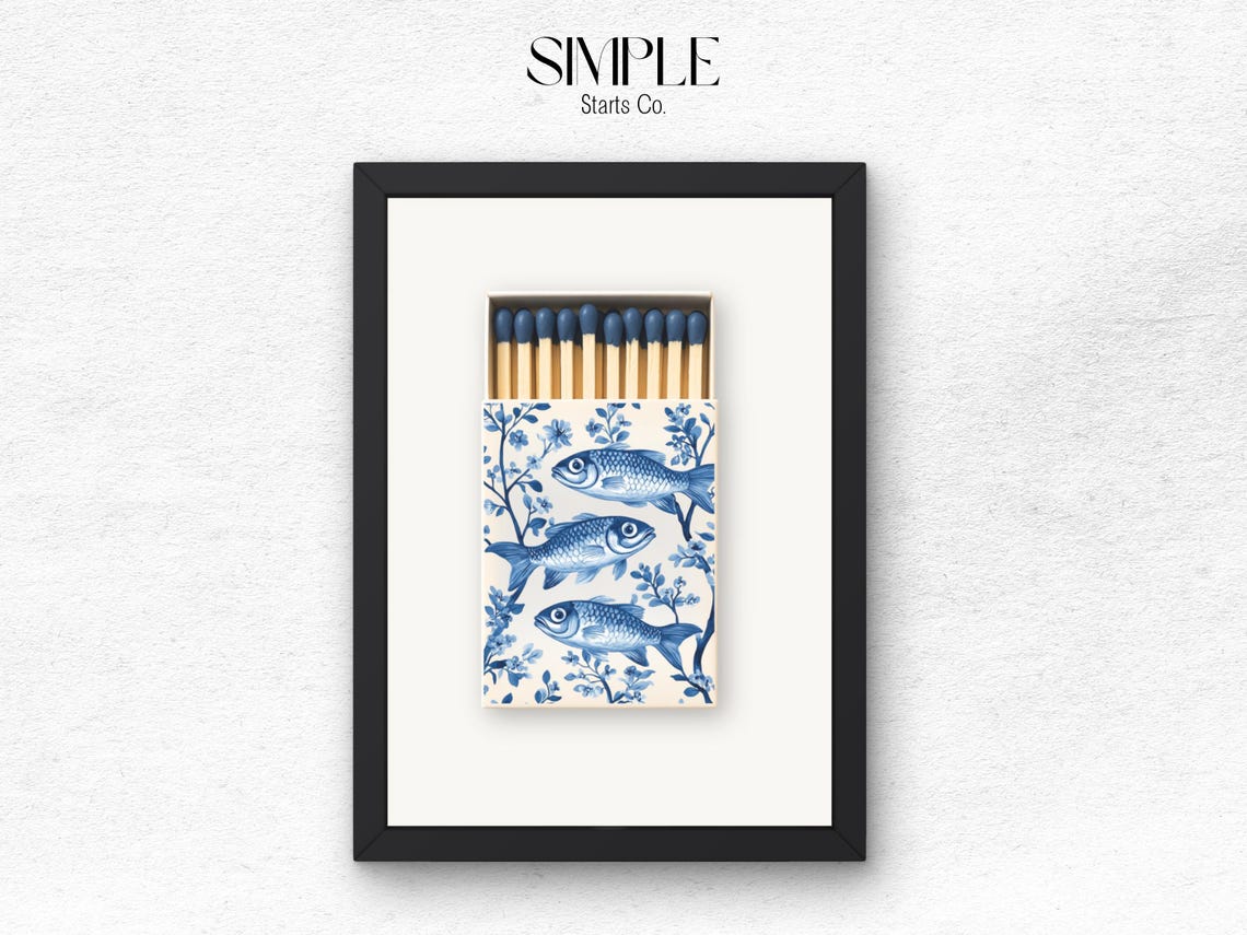Chinoiserie Blue Fish Floral Matchbox Art Elegant Decor Poster