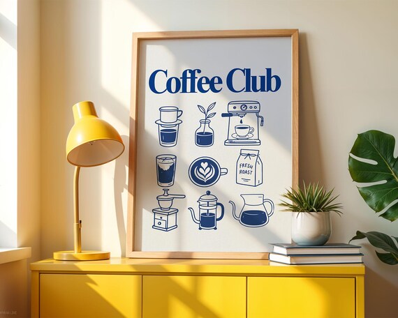 Coffee Club Blue Espresso Icons Grid Retro Kitchen Wall Poster Art
