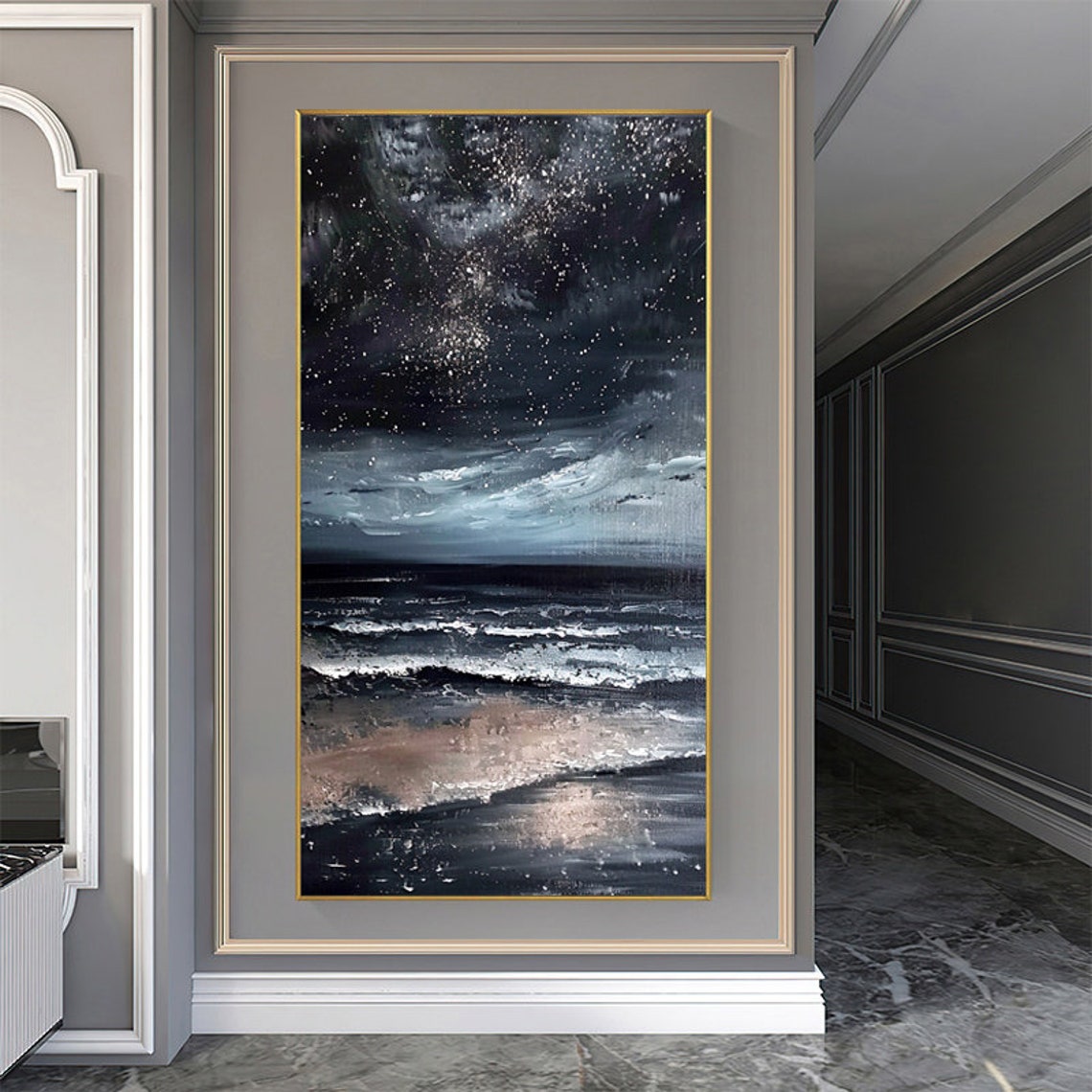 Glittering Starry Sky Above Black Midnight Ocean Waves Vertical Poster - Image 6