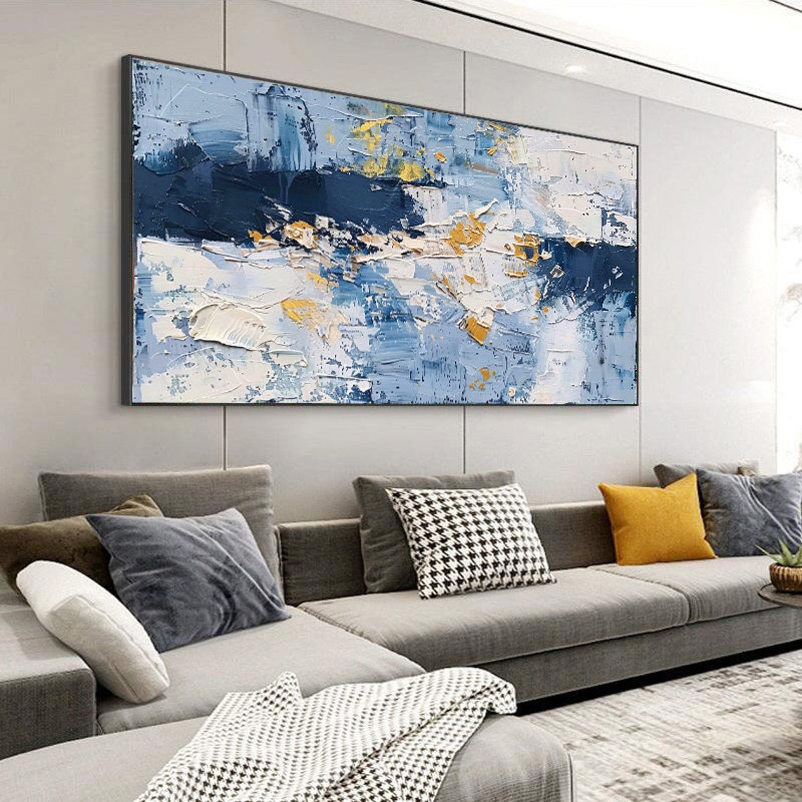 Deep Blue White and Gold Abstract Textured Canvas Artwork Poster - Image 4