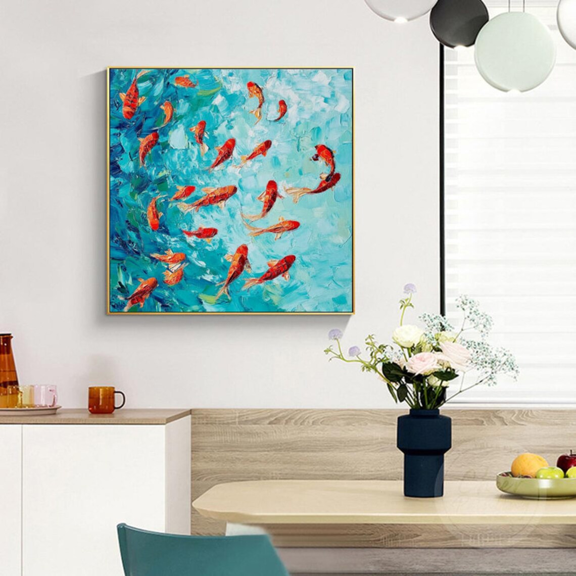 Red Koi Fish Swimming In Sparkling Turquoise Water Impasto Art Poster - Image 3