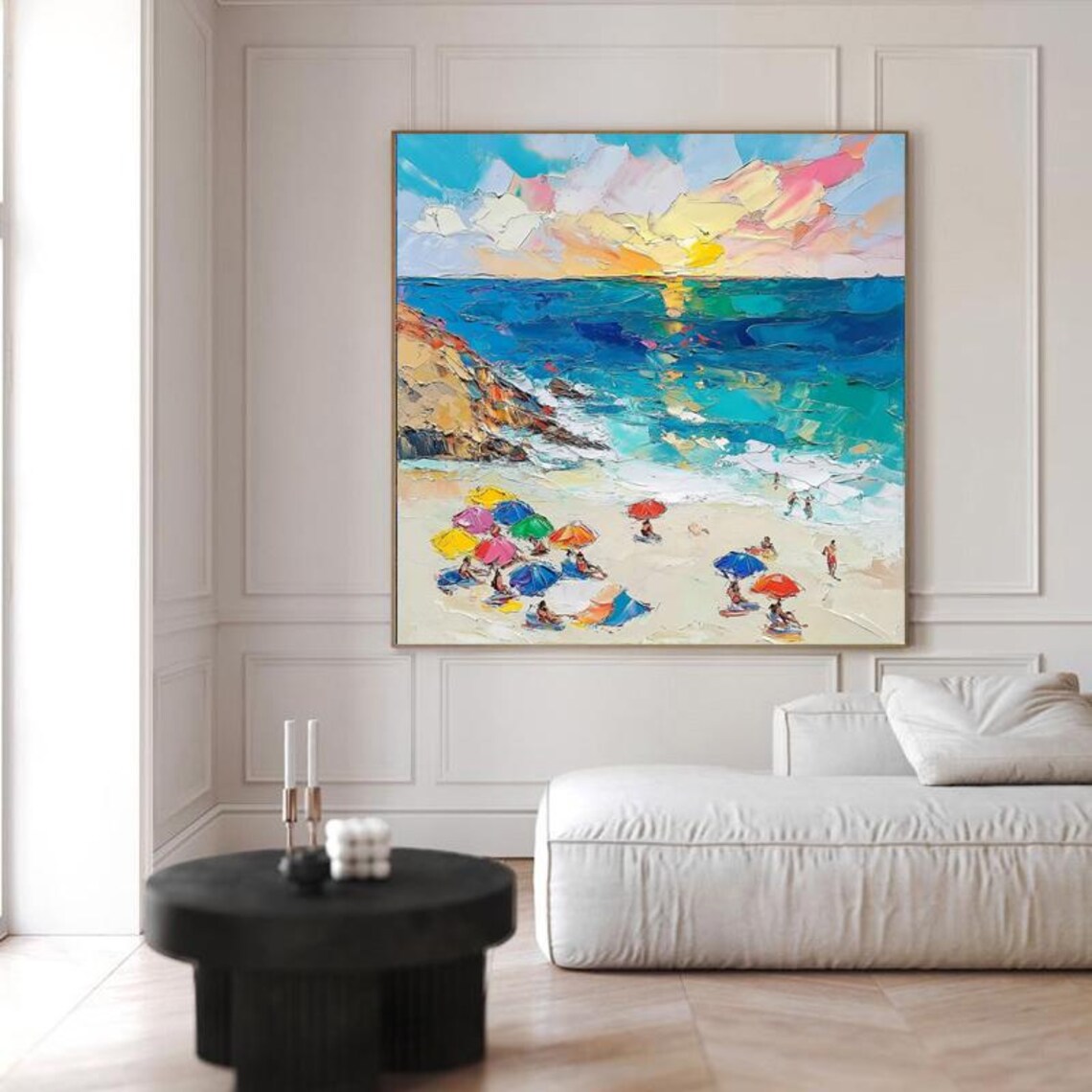 Colorful Beach Umbrellas at Sunset on a Turquoise Shore Square Poster - Image 5