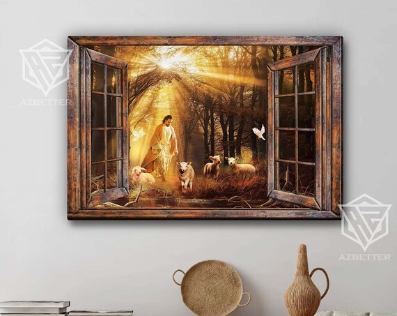 Jesus Walking With Lambs In Sunlit Forest Window View Art Poster