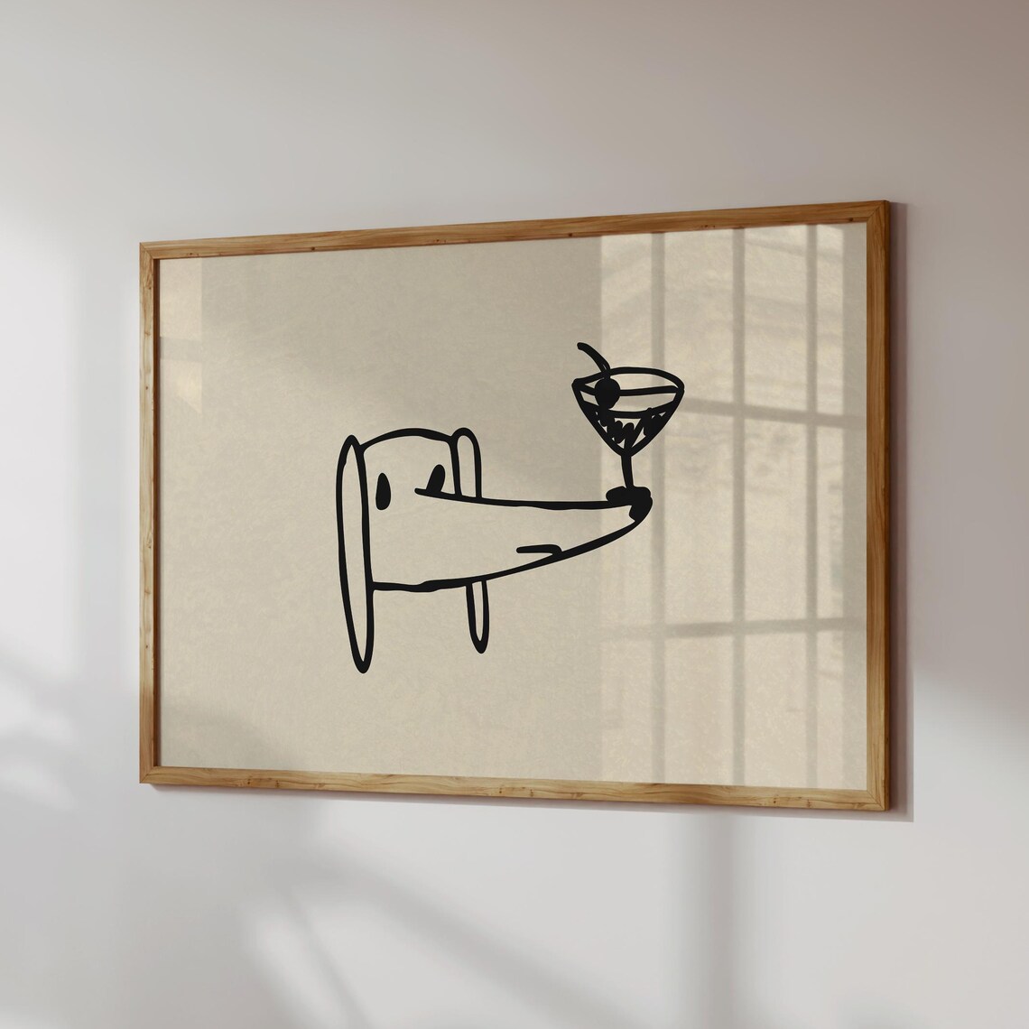 Minimalist Dog Carrying Martini Glass Line Drawing Bar Cart Poster