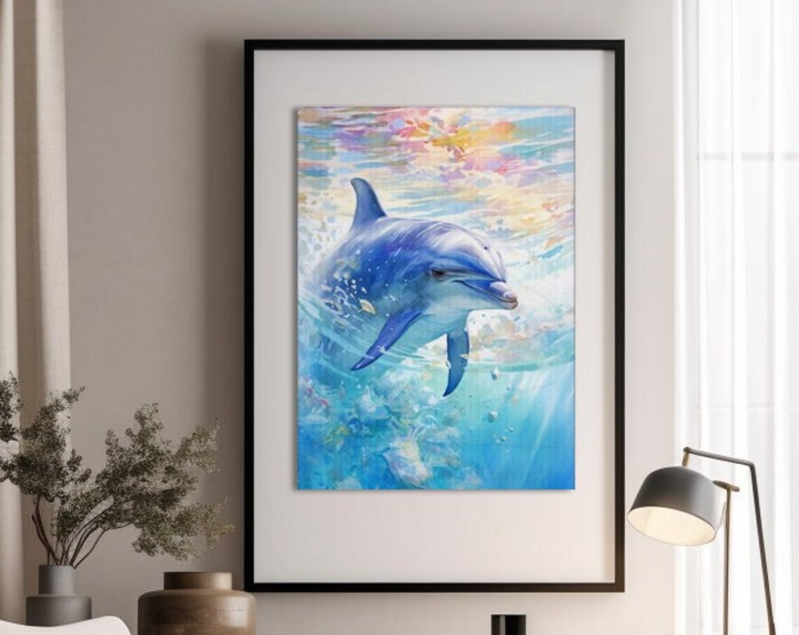 Dolphin Watercolor Art Print, Ocean Wildlife Decor