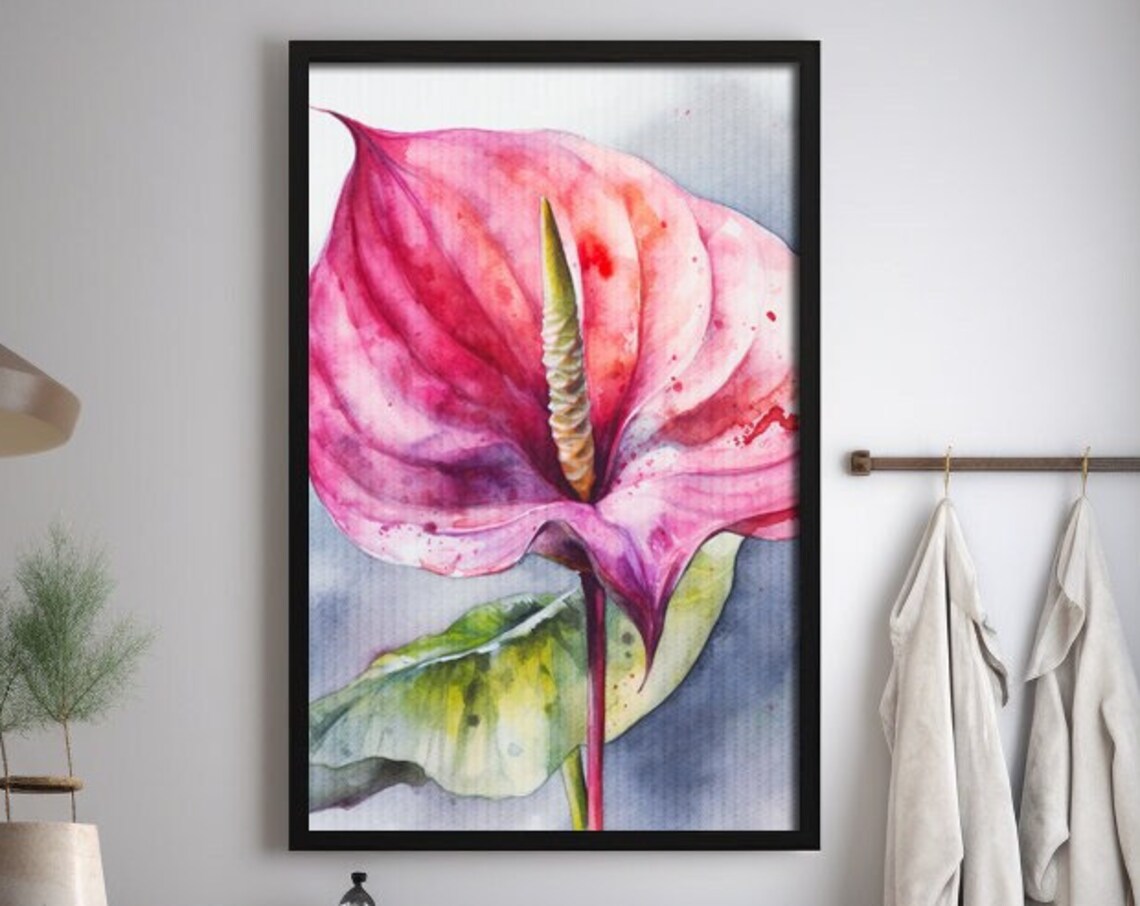 Anthurium Flower Watercolor Painting Realistic Flamingo Lily Watercolor For Hallway Bathroom Living Room Office Anthurium Painting