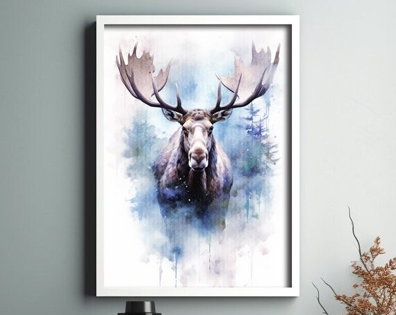 Moose Watercolor Painting Winter Forest Antlers Wildlife Poster