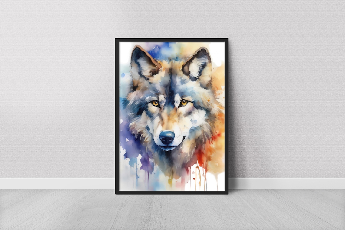 Gray Wolf Watercolor Portrait Amber Eyes Wildlife Animal Art Poster