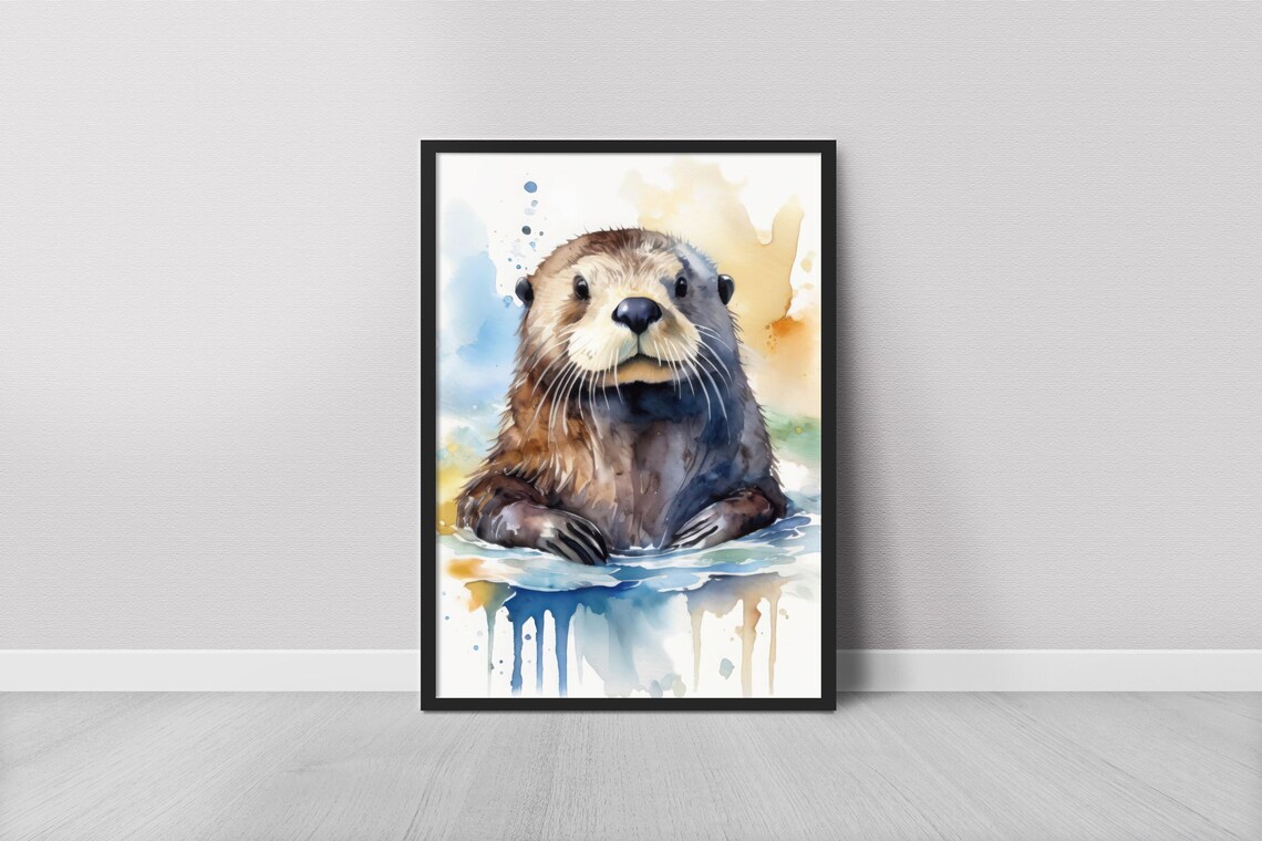 Sea Otter Watercolor Portrait Cute Little Animal Nursery Art Print