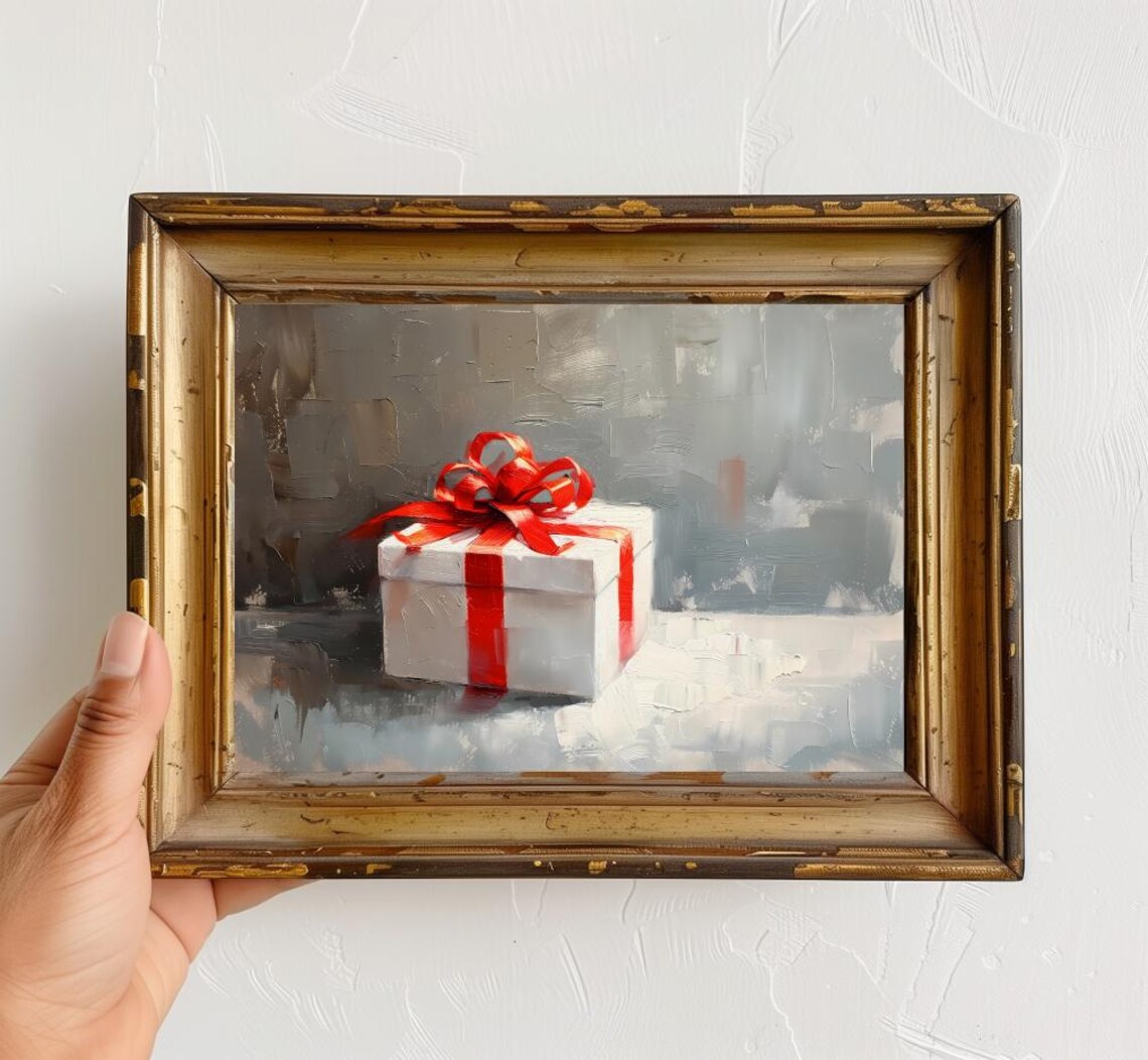 White Gift Box With Red Ribbon Small Oil Painting Christmas Poster
