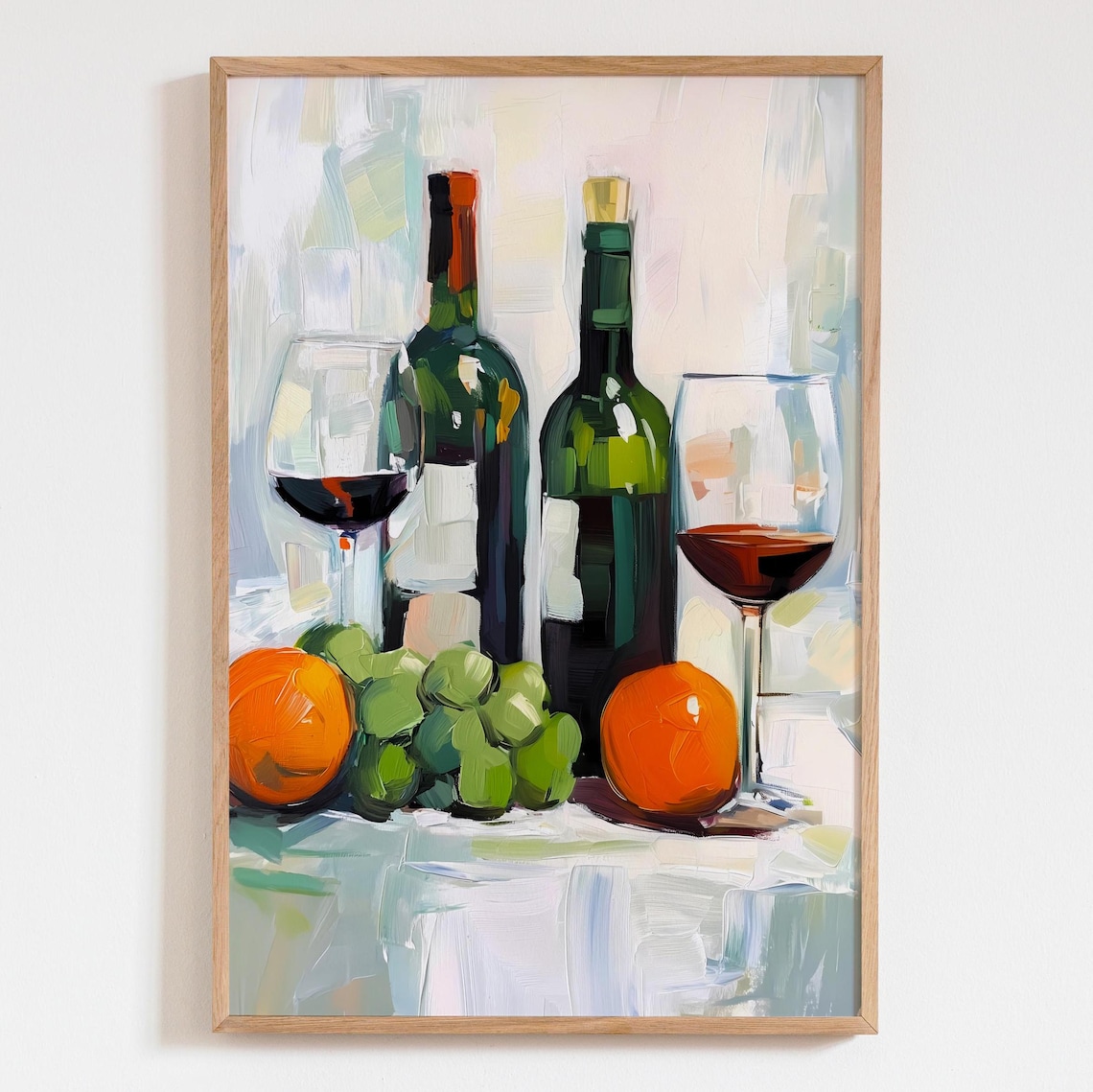 Red Wine Bottles Glasses Grapes Oranges Acrylic Still Life Art Poster