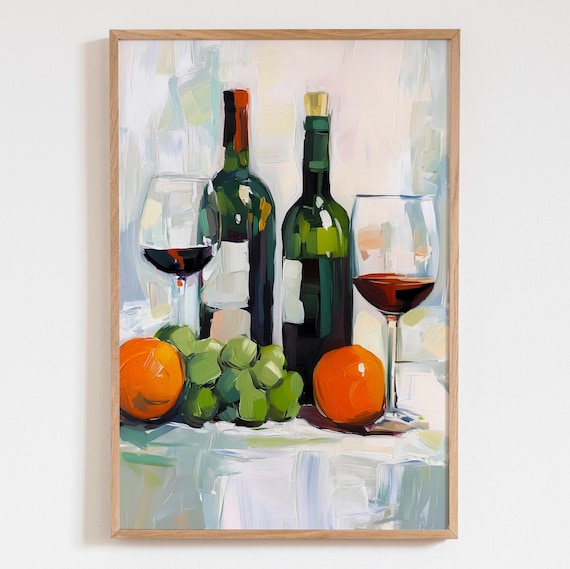Red Wine Bottles Glasses Grapes Oranges Acrylic Still Life Art Poster