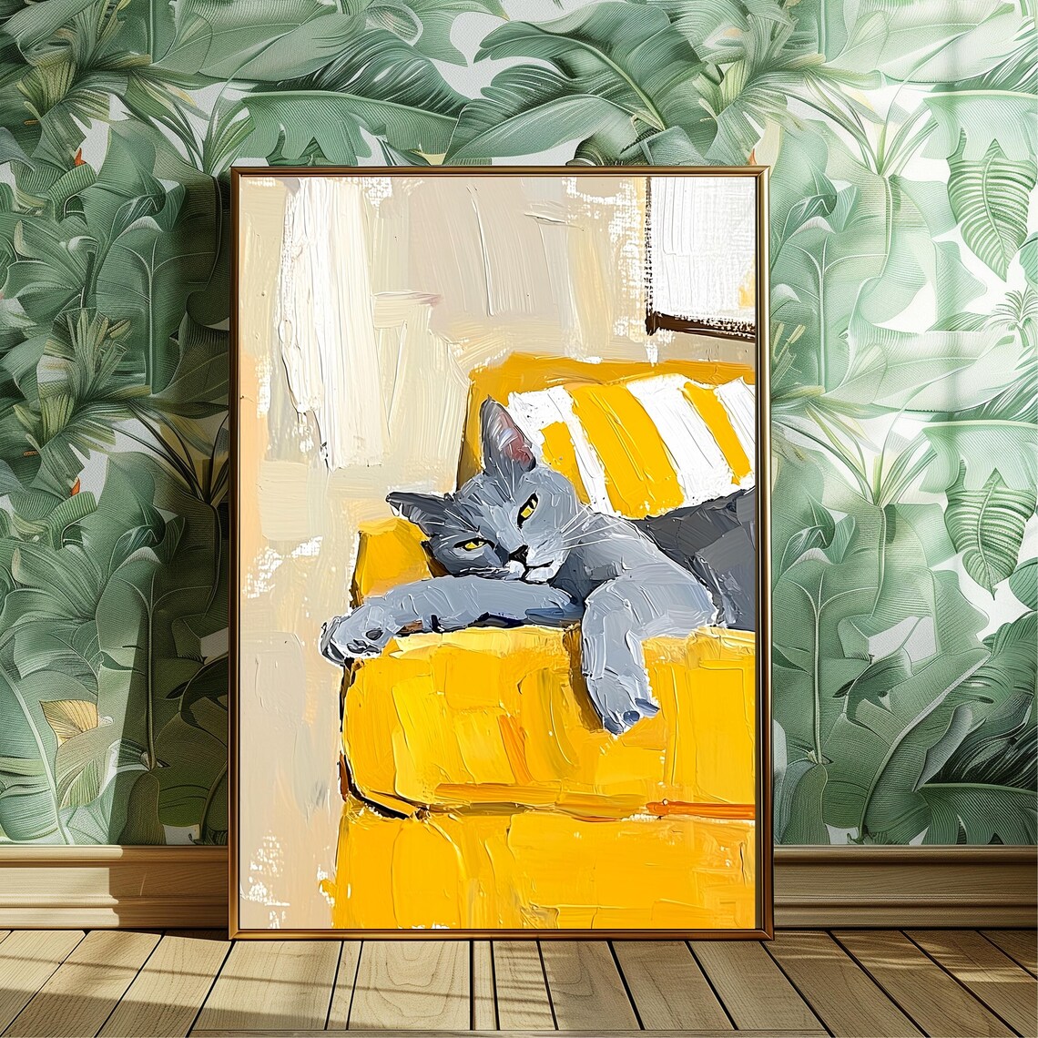 British Gray Cat on Yellow Sofa, Minimalist Art Print