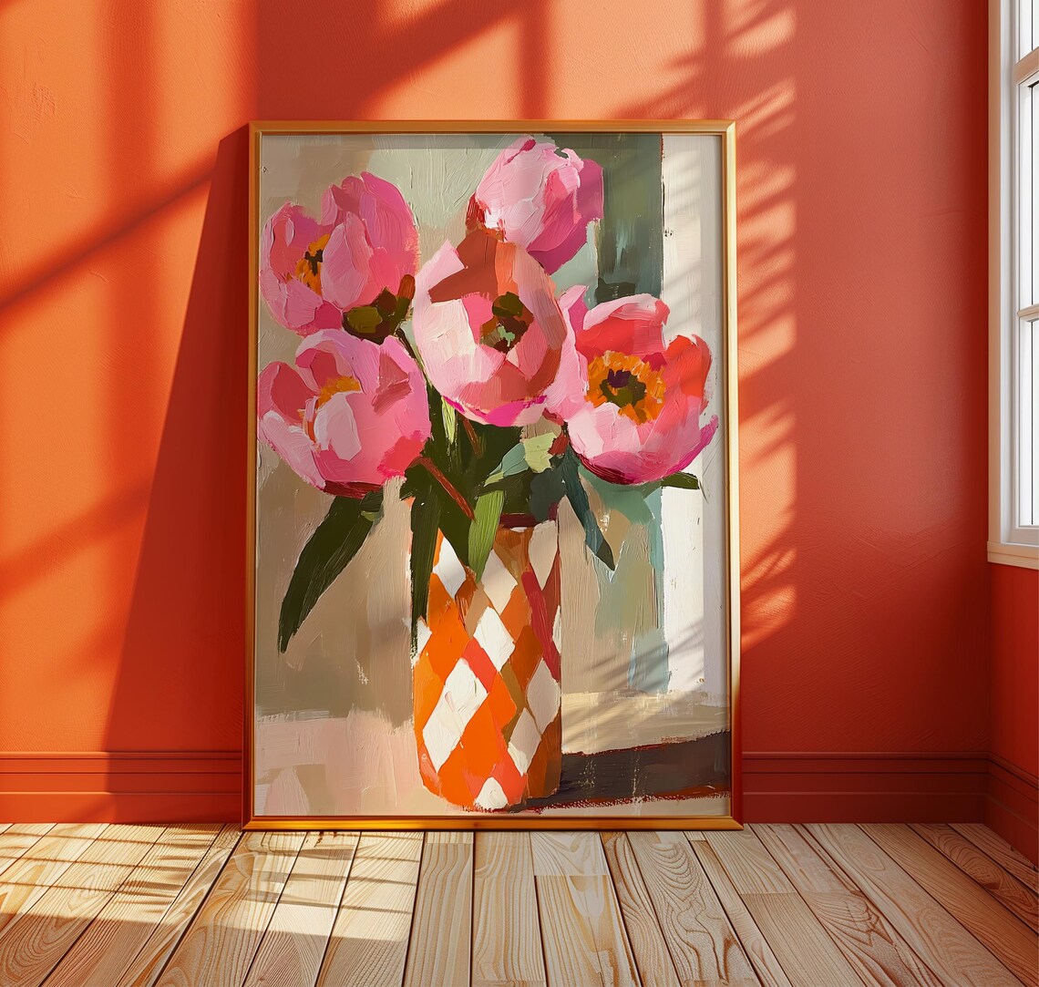 Pink Peonies Oil Painting Print, Floral Wall Art