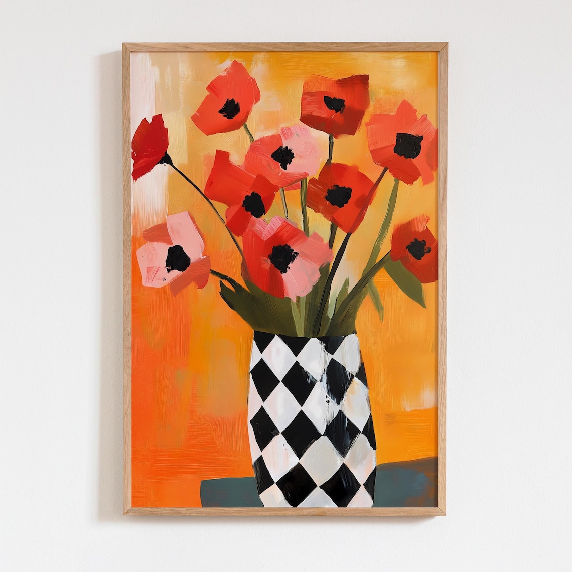 Red Poppies In Checkered Vase Orange Floral Still Life Art Poster