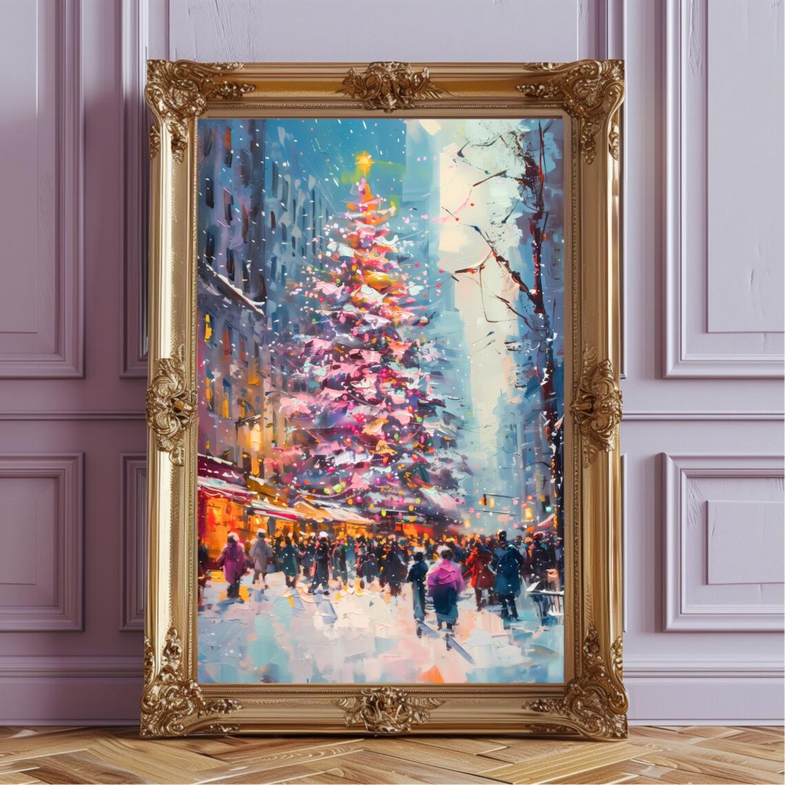 Snowy City Christmas Tree Street Scene Festive Holiday Poster