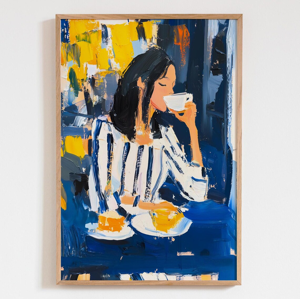Colorful Cafe Art Print, Abstract Woman Drinking Coffee