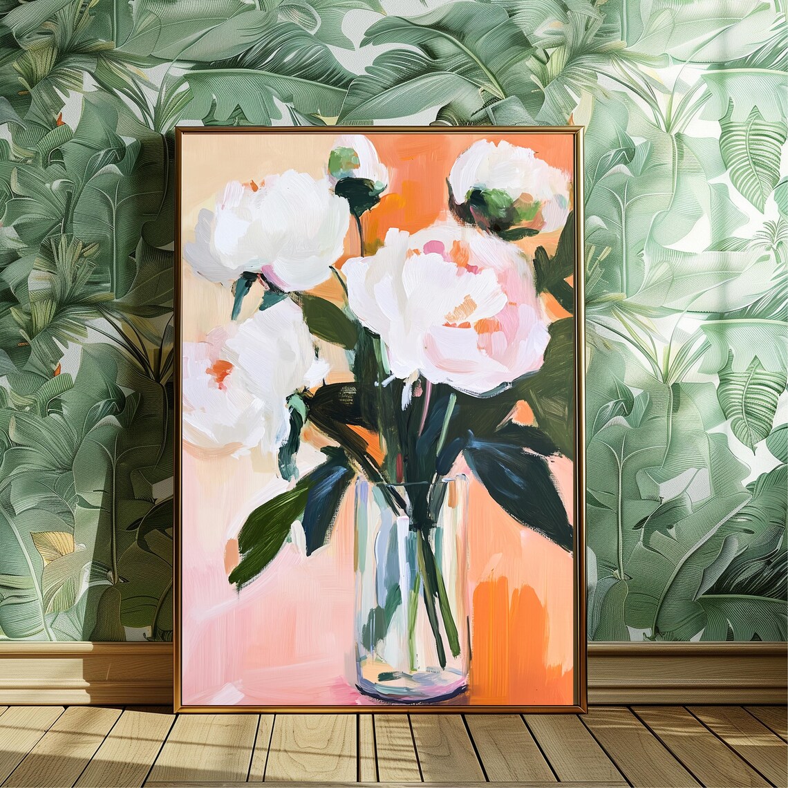 White Peonies Glass Vase Peach Background Floral Painting Print