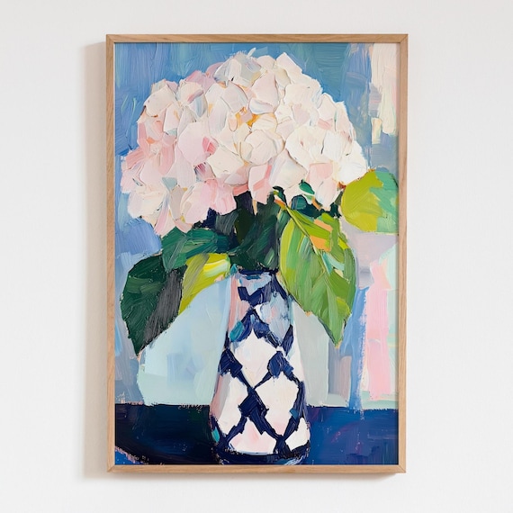 Pink Hydrangea Oil Painting Print Matisse Inspired Floral Art Blue Background Wall Decor Bold Brush Stroke Botanical Artwork