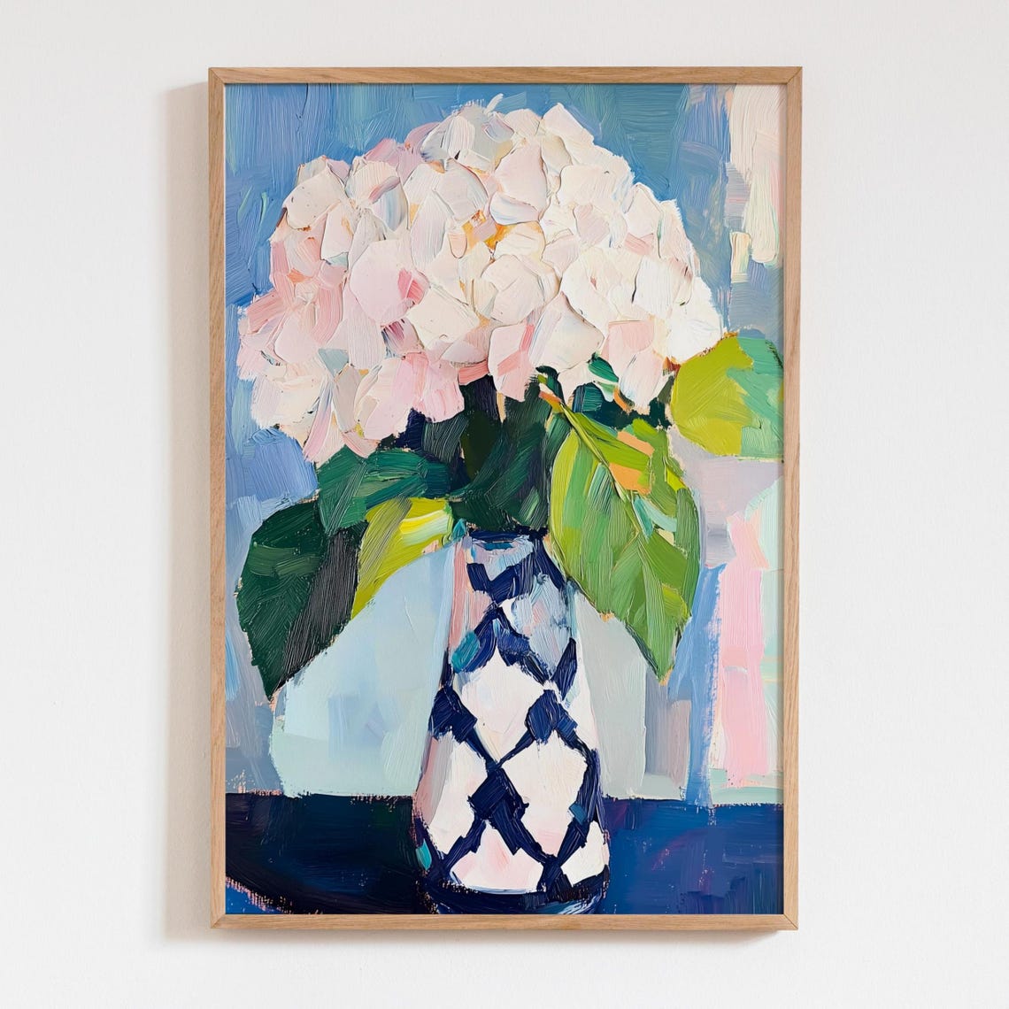 Pink Hydrangea Oil Painting Blue Patterned Vase Floral Decor Poster
