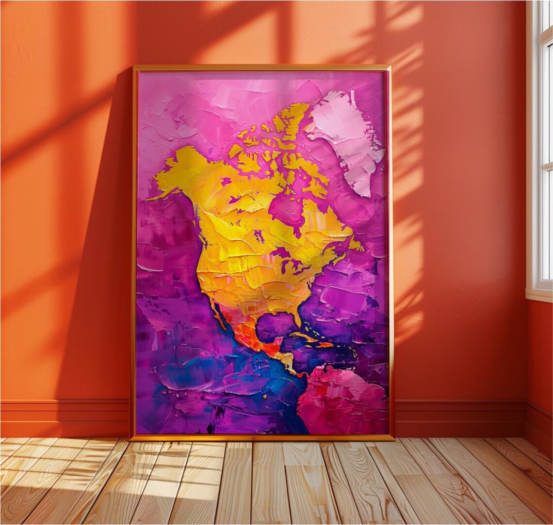Colorful North America Map In Yellow And Purple Abstract Poster