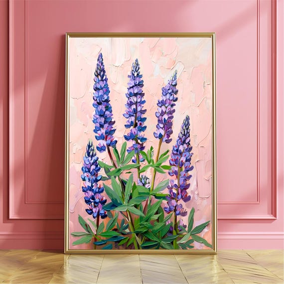 Purple Lupines Wall Art Print Moody Floral Acrylic Painting Lupins Wall Art Decor Vibrant Floral Wall Art Poster
