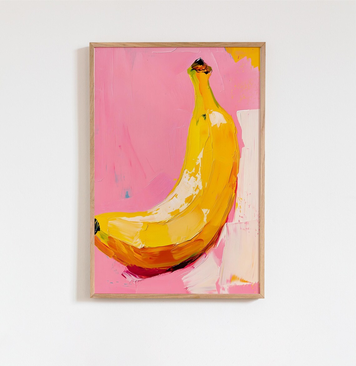 Single Banana on Pink Background Acrylic Painting Food Poster