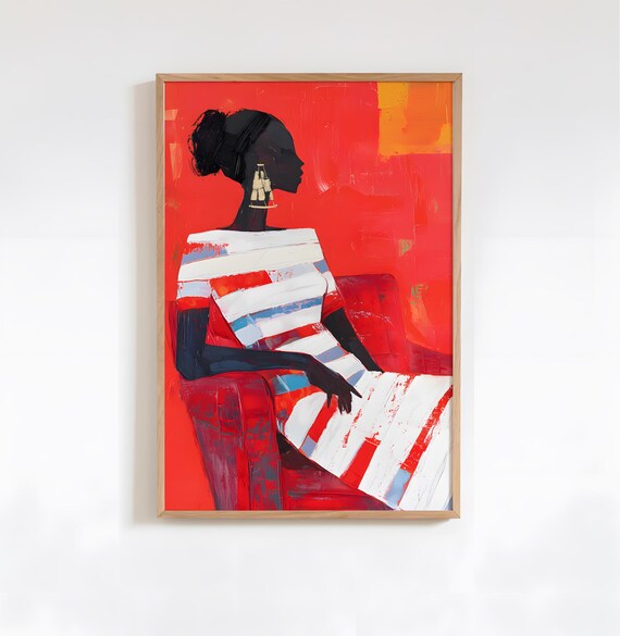 Red Striped Abstract People Print Contemporary Minimalist Wall Art Large Living Room Artwork Stripe Woman Modern Decor