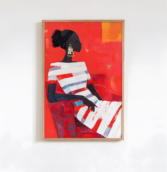 Red Striped Abstract Woman Seated Portrait Modern Decor Poster