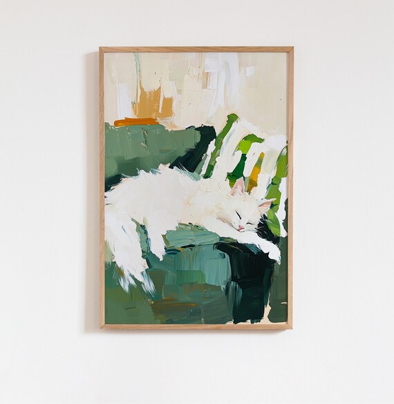 Sleeping White Cat Oil Painting Green Beige Abstract Animal Poster