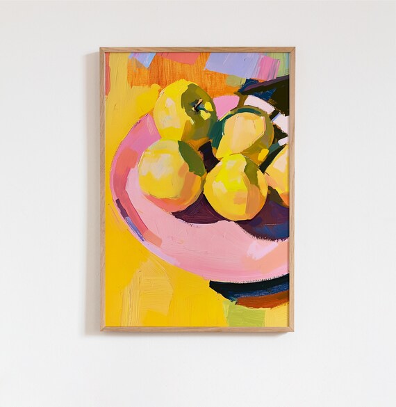 Yellow Apples on Pink Plate Acrylic Painting Vibrant Food Poster