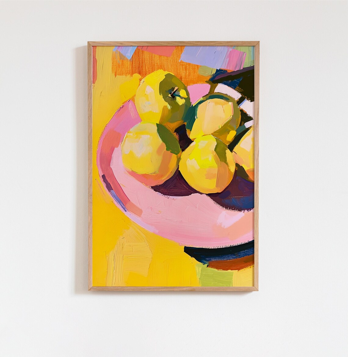 Yellow Apples on Pink Plate Acrylic Painting Vibrant Food Poster