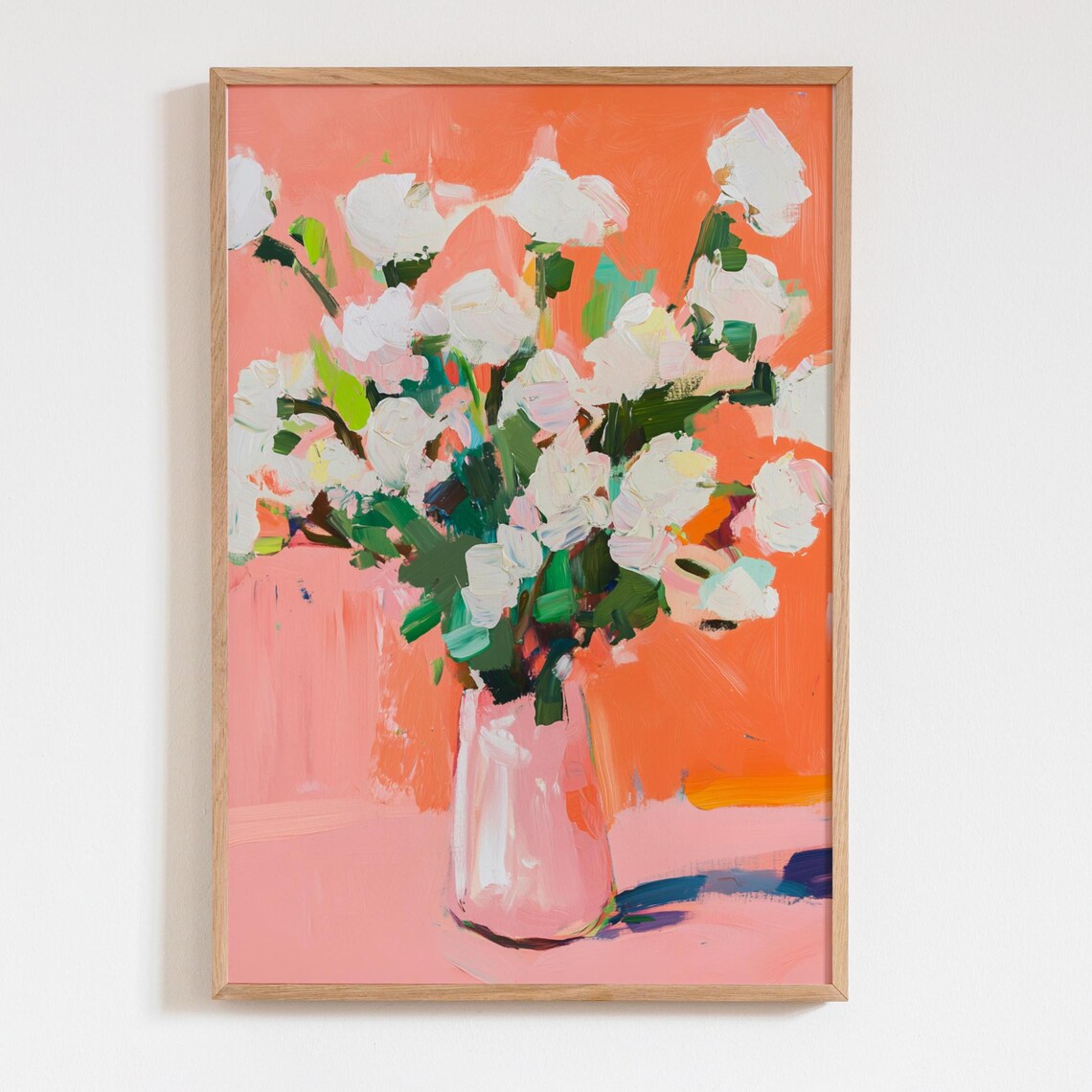 White Flowers in Pink Vase Coral Background Floral Painting Poster