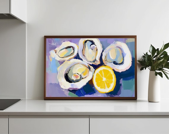 Four Oysters Lemon Slice Purple Blue Acrylic Still Life Art Poster