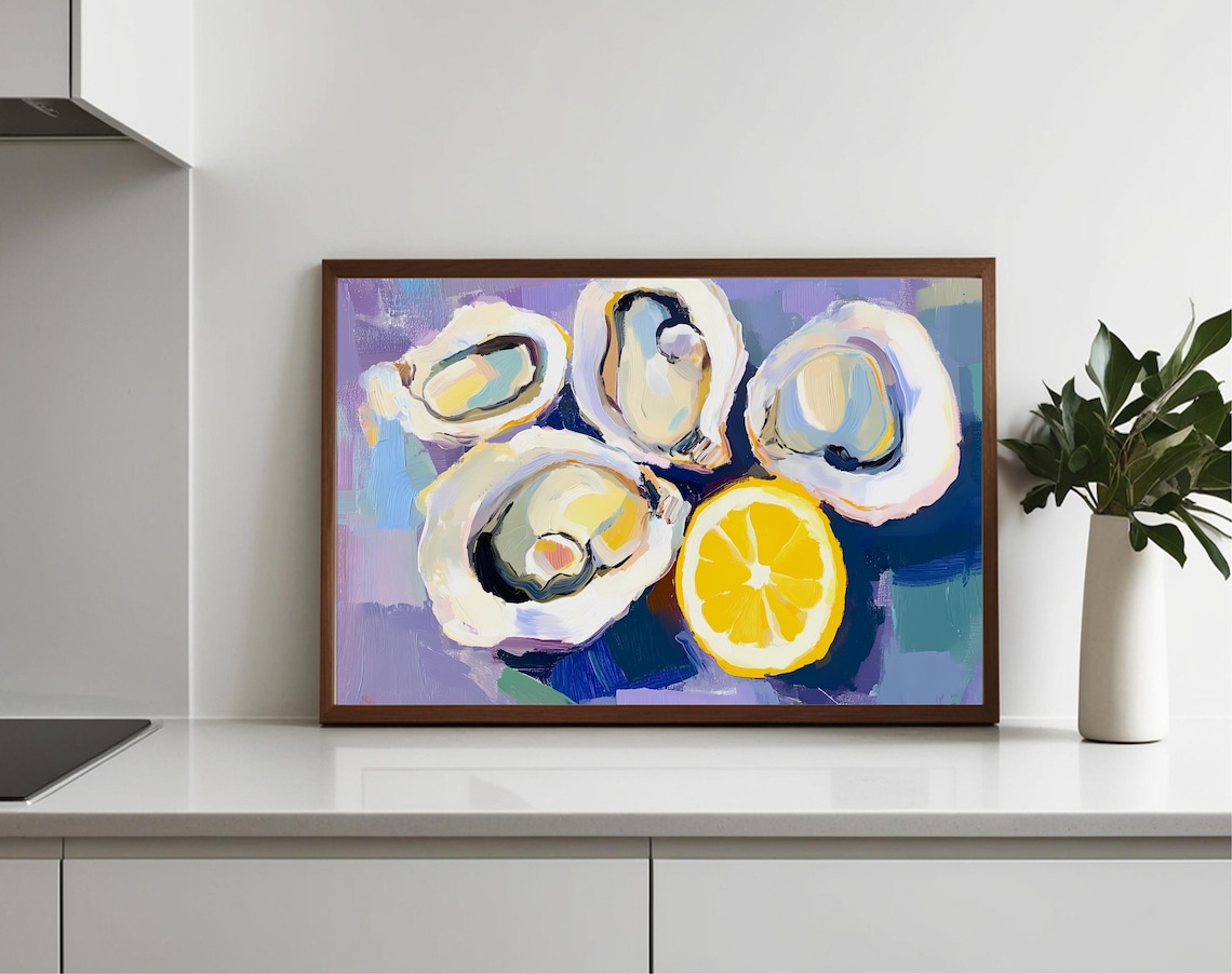 Four Oysters Lemon Slice Purple Blue Acrylic Still Life Art Poster