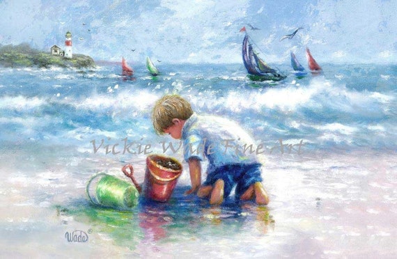 Beach Boy Art Print Beach Paintings Blonde Beach Boy Beach Decor Wall Art Nautical Print Sailboats Shelling Vickie Wade Art