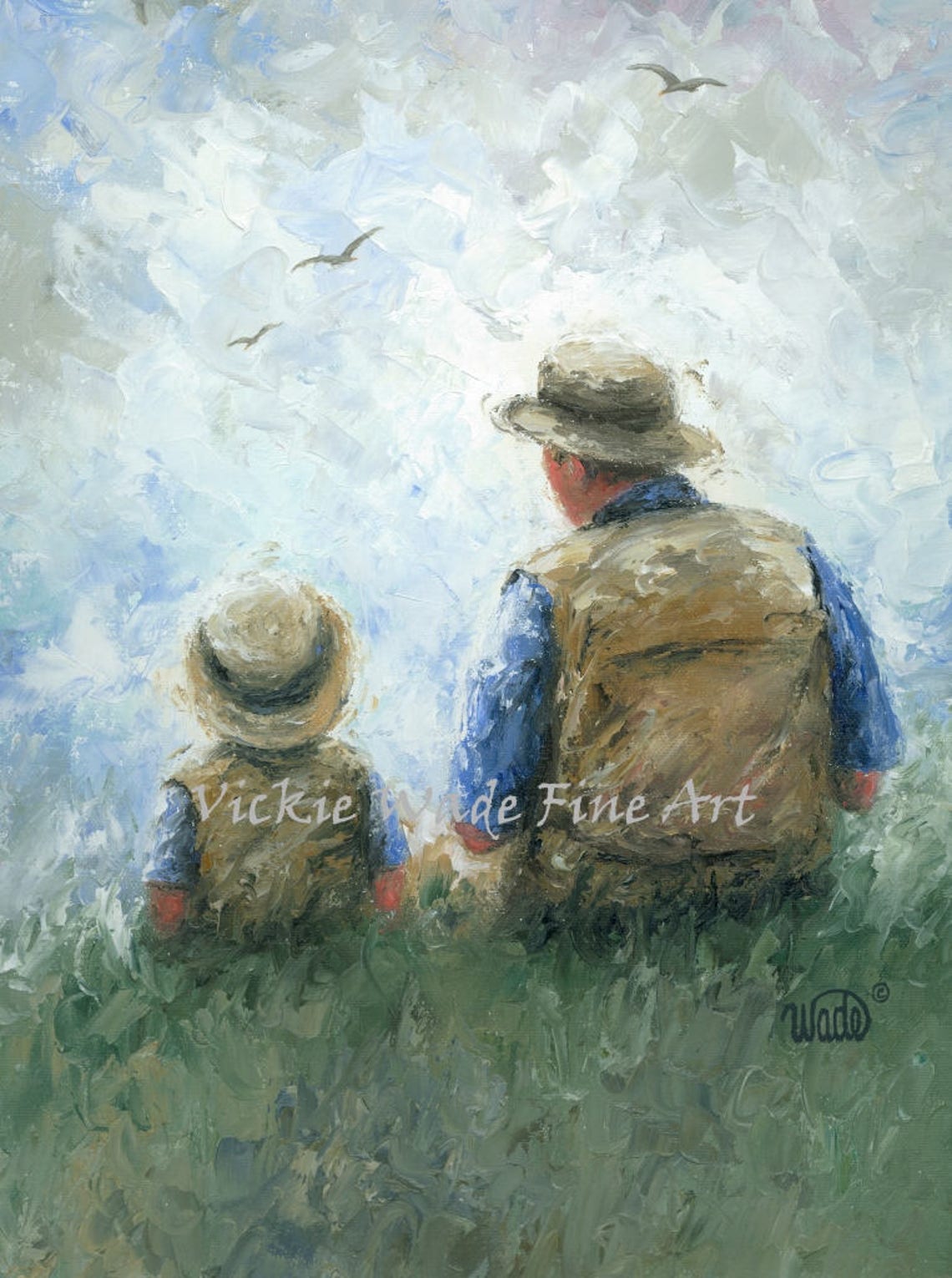 Father and Young Son in Straw Hats Gazing at the Cloudy Sky Poster