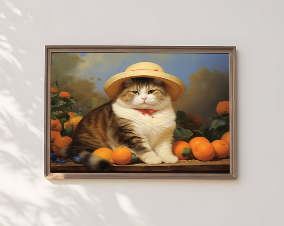 Tabby Cat In Straw Hat Among Oranges Citrus Grove Funny Wall Art