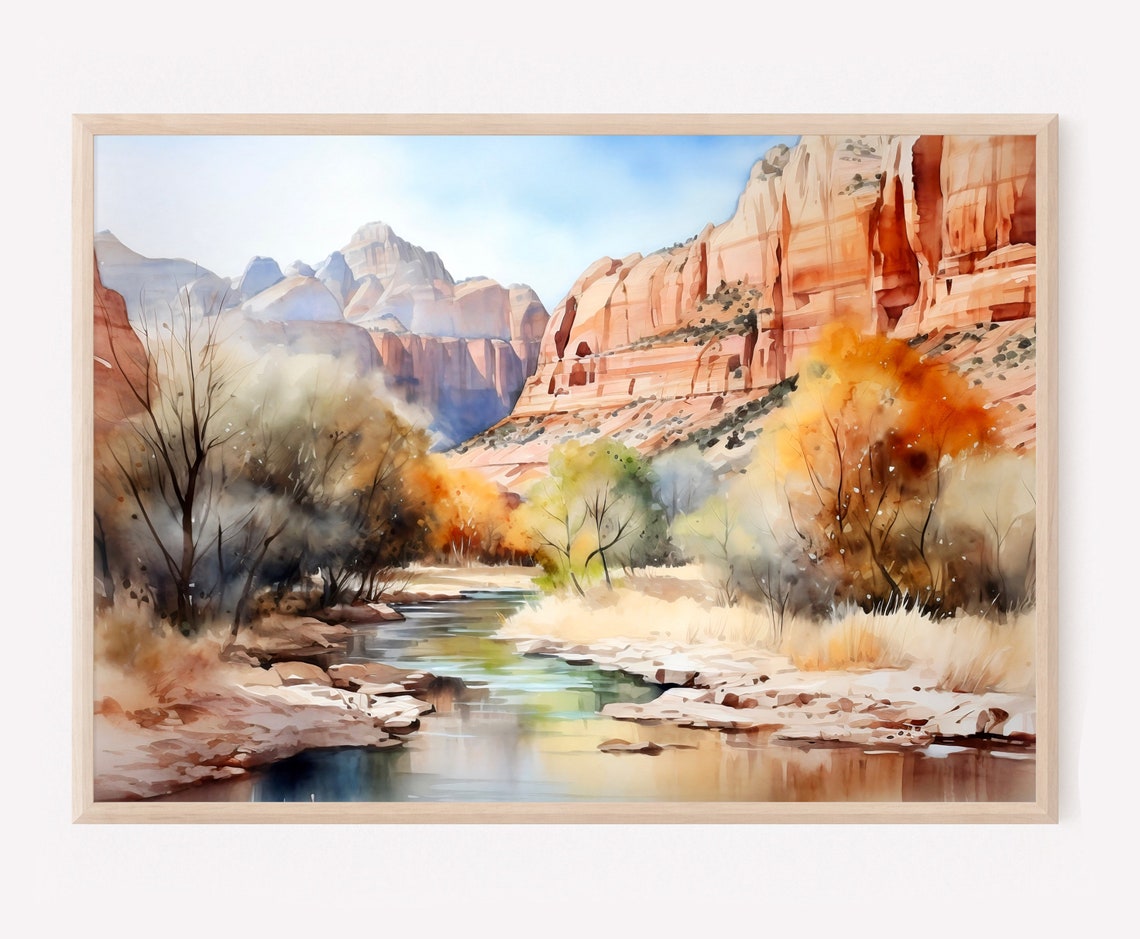 Red Rock Desert Canyon River Autumn Trees Serene Watercolor Poster