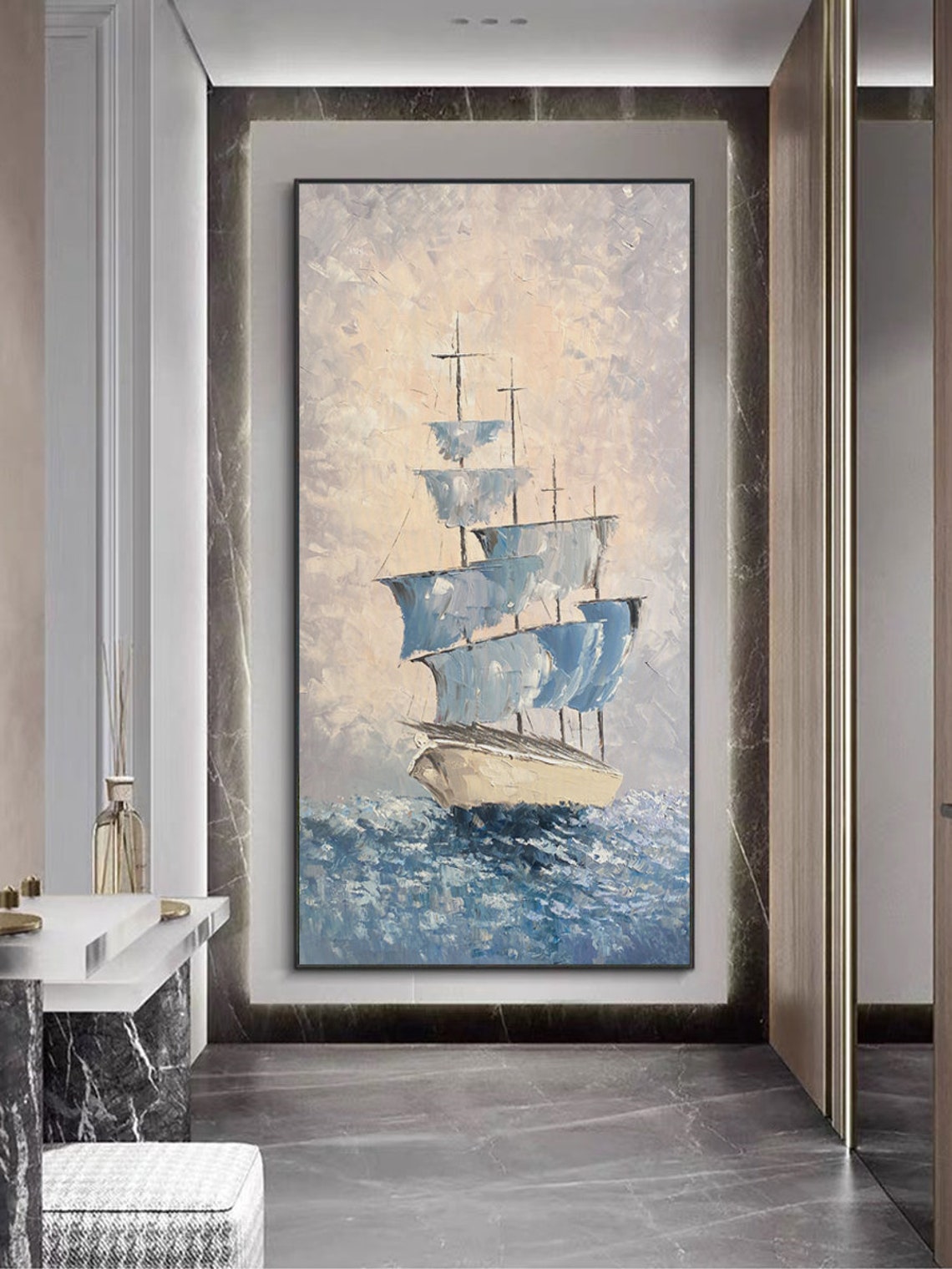 Tall Sailing Ship Blue Sails Impasto Ocean Oil Painting Poster - Image 4