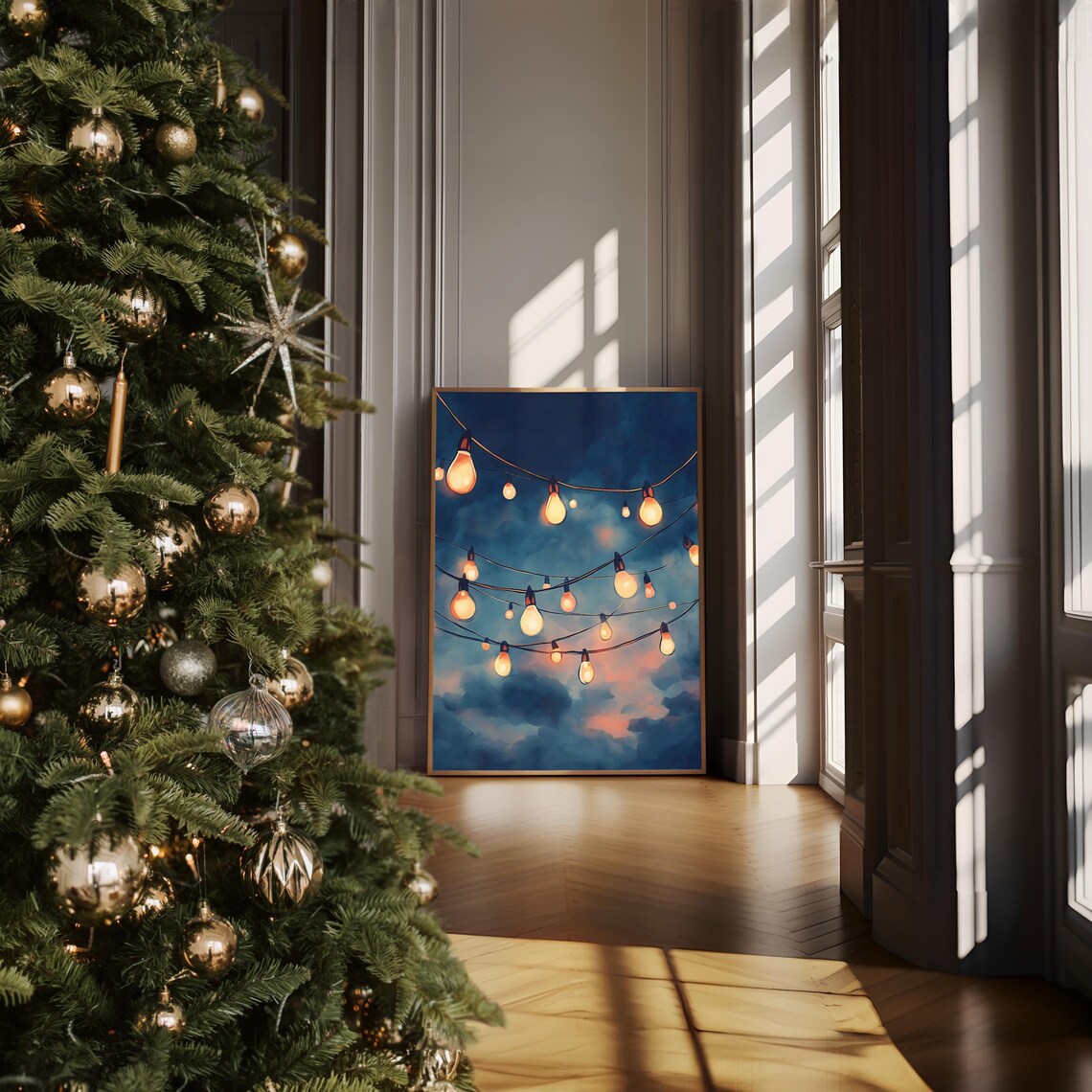 Glowing String Lights Against Moody Night Sky Watercolor Style Poster - Image 6
