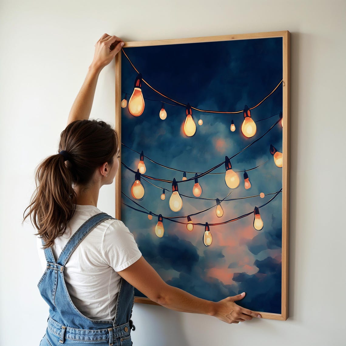 Glowing String Lights Against Moody Night Sky Watercolor Style Poster - Image 5