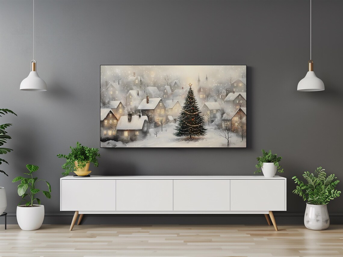 Christmas Tree Frame TV Art, Snowy Winter Village - Image 3