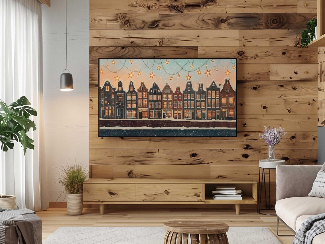 Winter Amsterdam Canal Houses Snow Star Lanterns Holiday Art Poster - Image 4