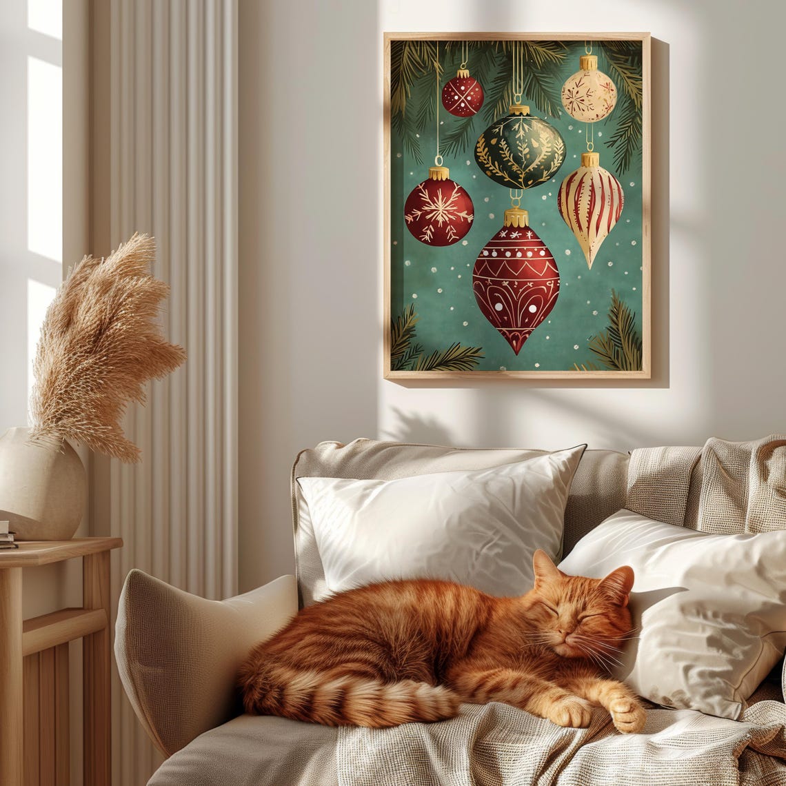 Vintage Christmas Ornaments Hanging Pine Branches Teal Art Poster - Image 3