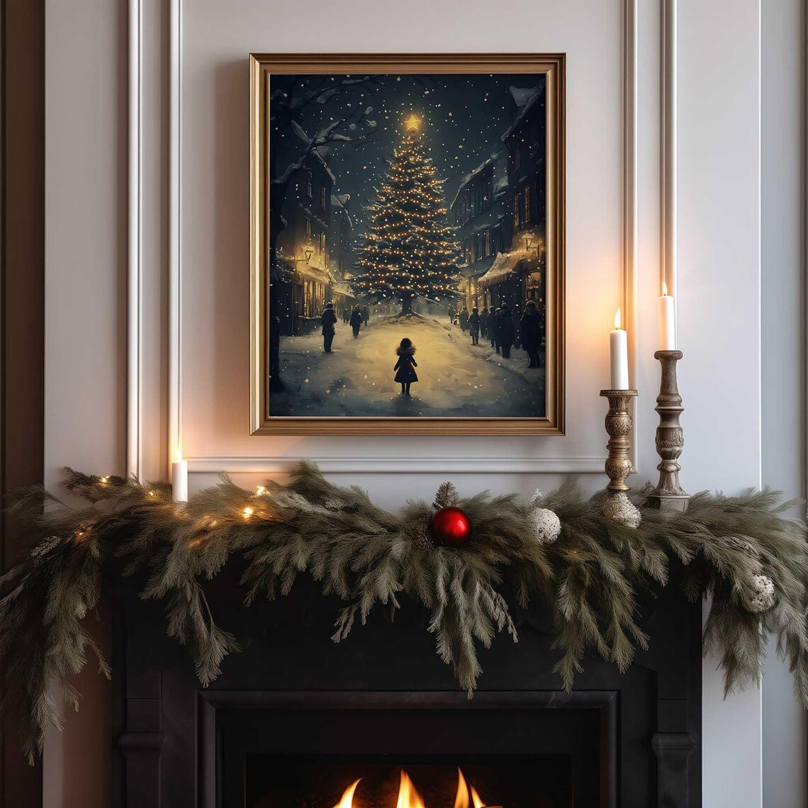 Snowy Street Christmas Tree Glowing At Night With Child Walking Poster - Image 6